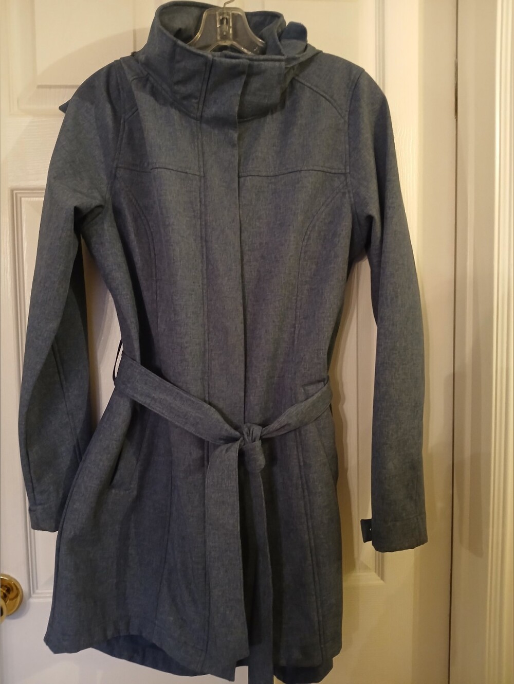 Cloudveil Blue Hooded Softshell Trench Jacket Coat with Belt - Medium